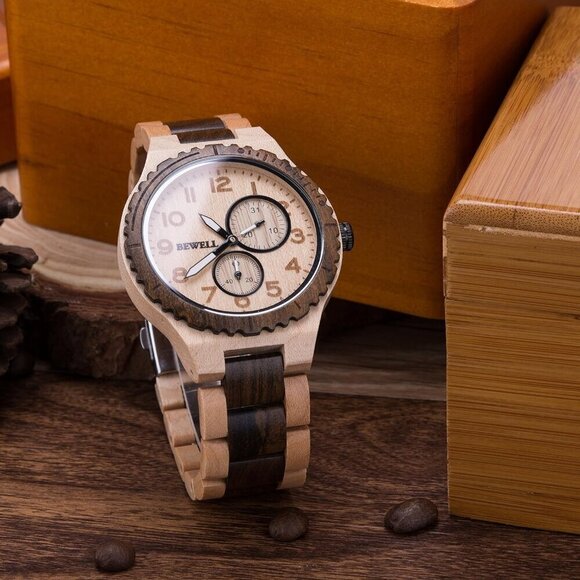 ✨ Bewell Analog Quartz Men Brown Retro Handcraft Lightweight Wooden Wristwatch - Picture 5 of 6